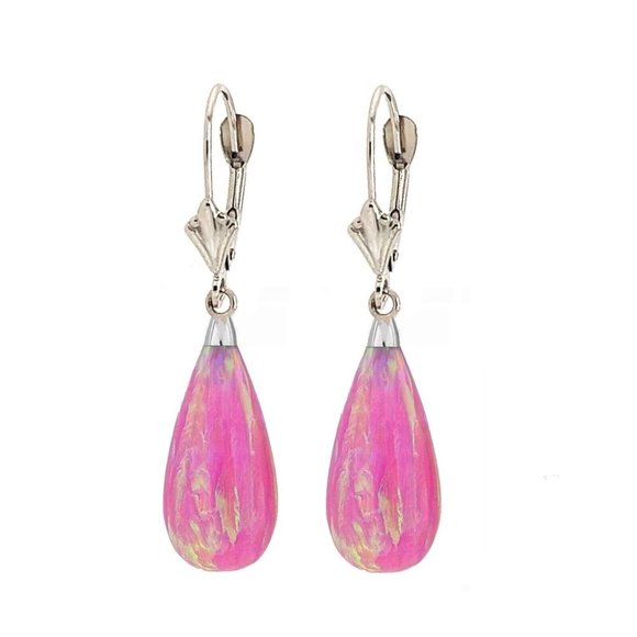 14K White Gold Teardrop Pink Fire Opal Leverback Dangle Earrings